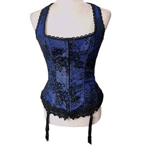 Fredericks of Hollywood Dream Halter Corset blue with black lace  lace up 38 EUC